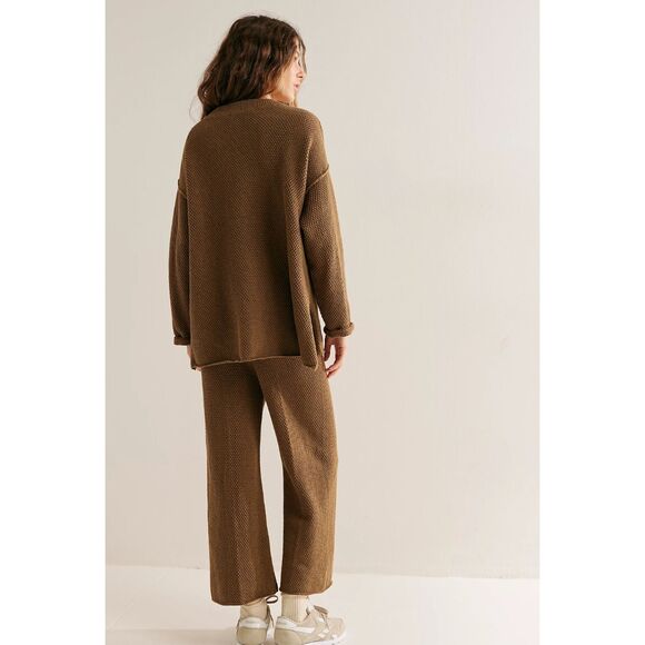 NWOT Free People Haliee Waffle Sweater Knit Lounge Set in Cocoa - Picture 2 of 5
